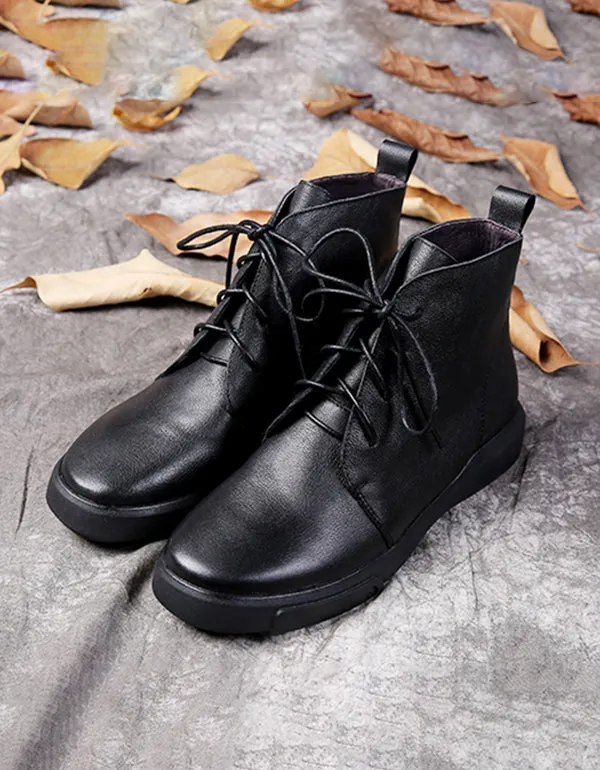 Autumn Winter Genuine Leather Flat Retro Lace-up Boots