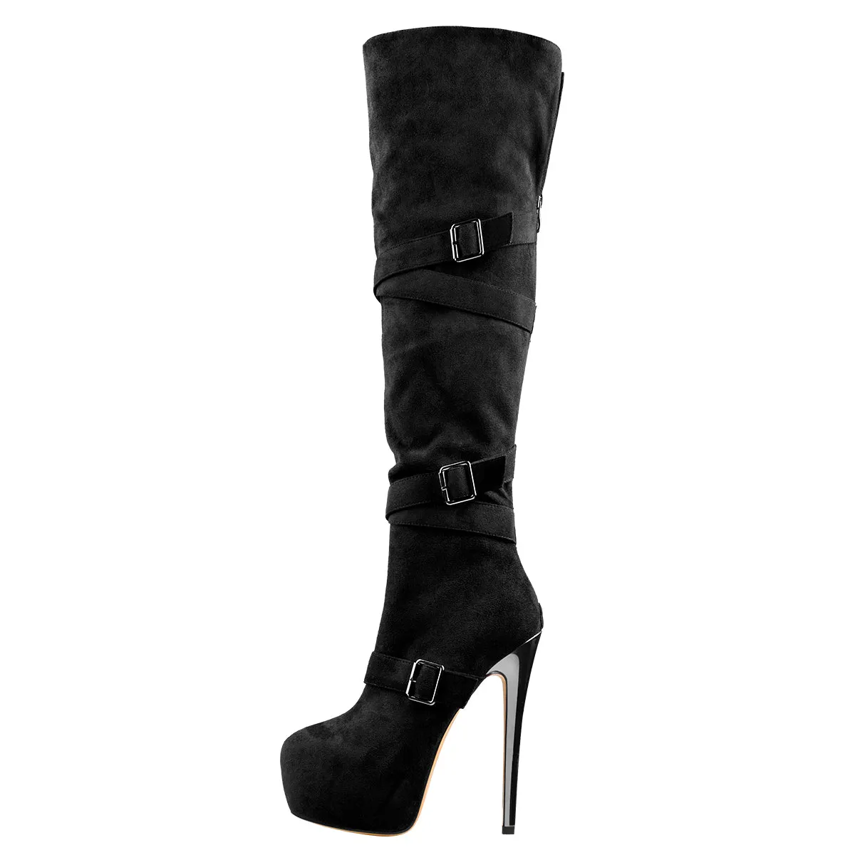 Black Suede Platform Buckle Stiletto Over The Knee High Boots