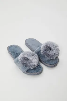 Blue Plush Pom Pom Detail Mule Slippers