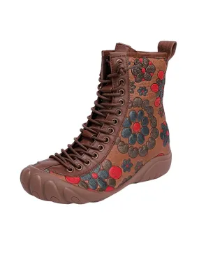 Ethnic Style Lace-up Flower Printed Leather Boots