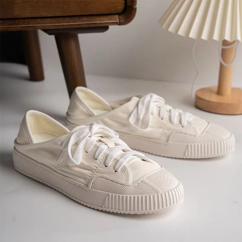 Genuine Leather Flat Sneakers for Women Low-top Lace Up in White