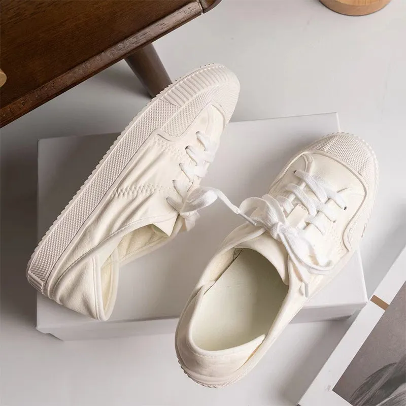 Genuine Leather Flat Sneakers for Women Low-top Lace Up in White