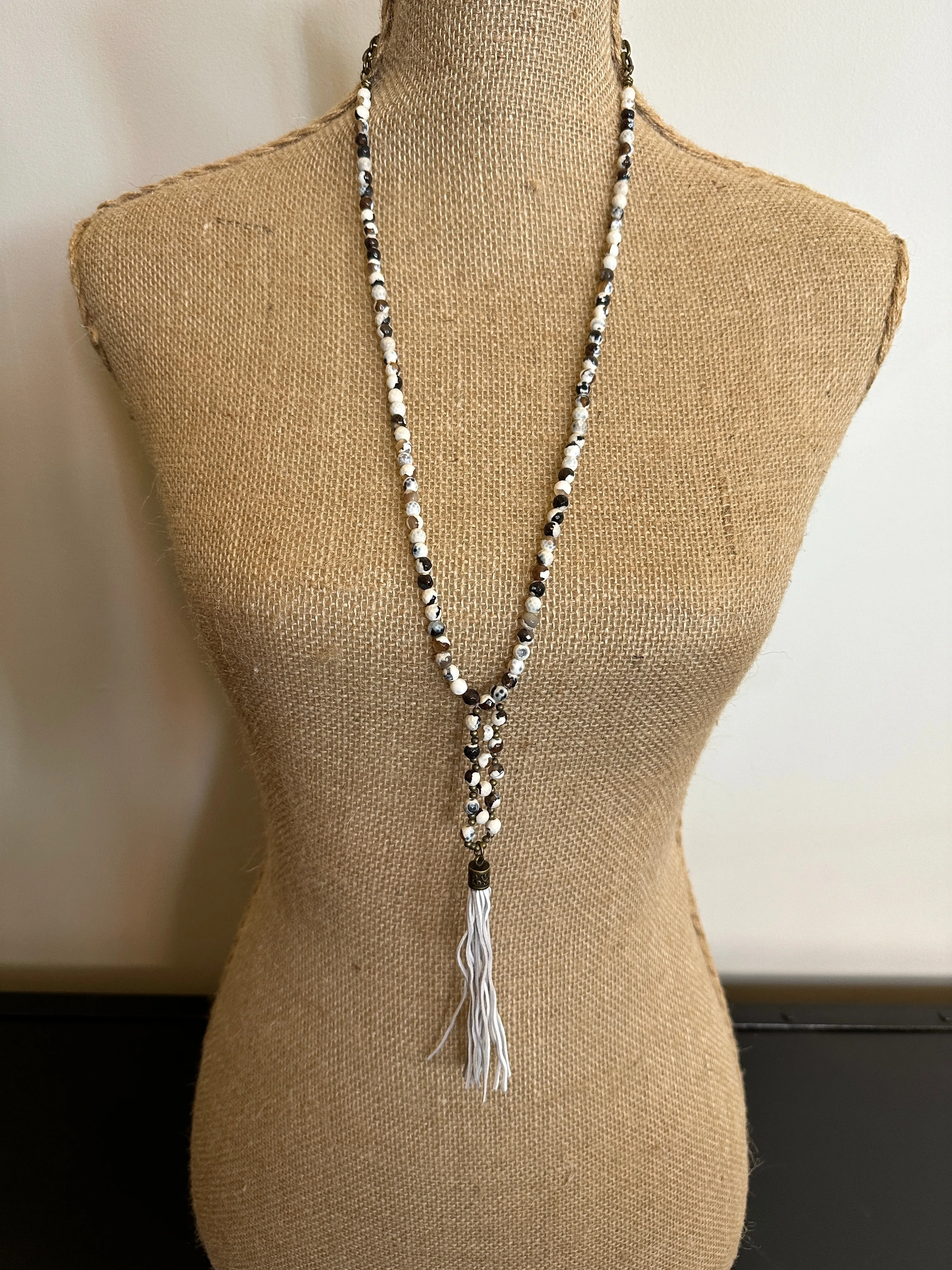 Howlite Weave Necklace with Leather Tassel- Amy Kaplan for Bourbon Cowgirl