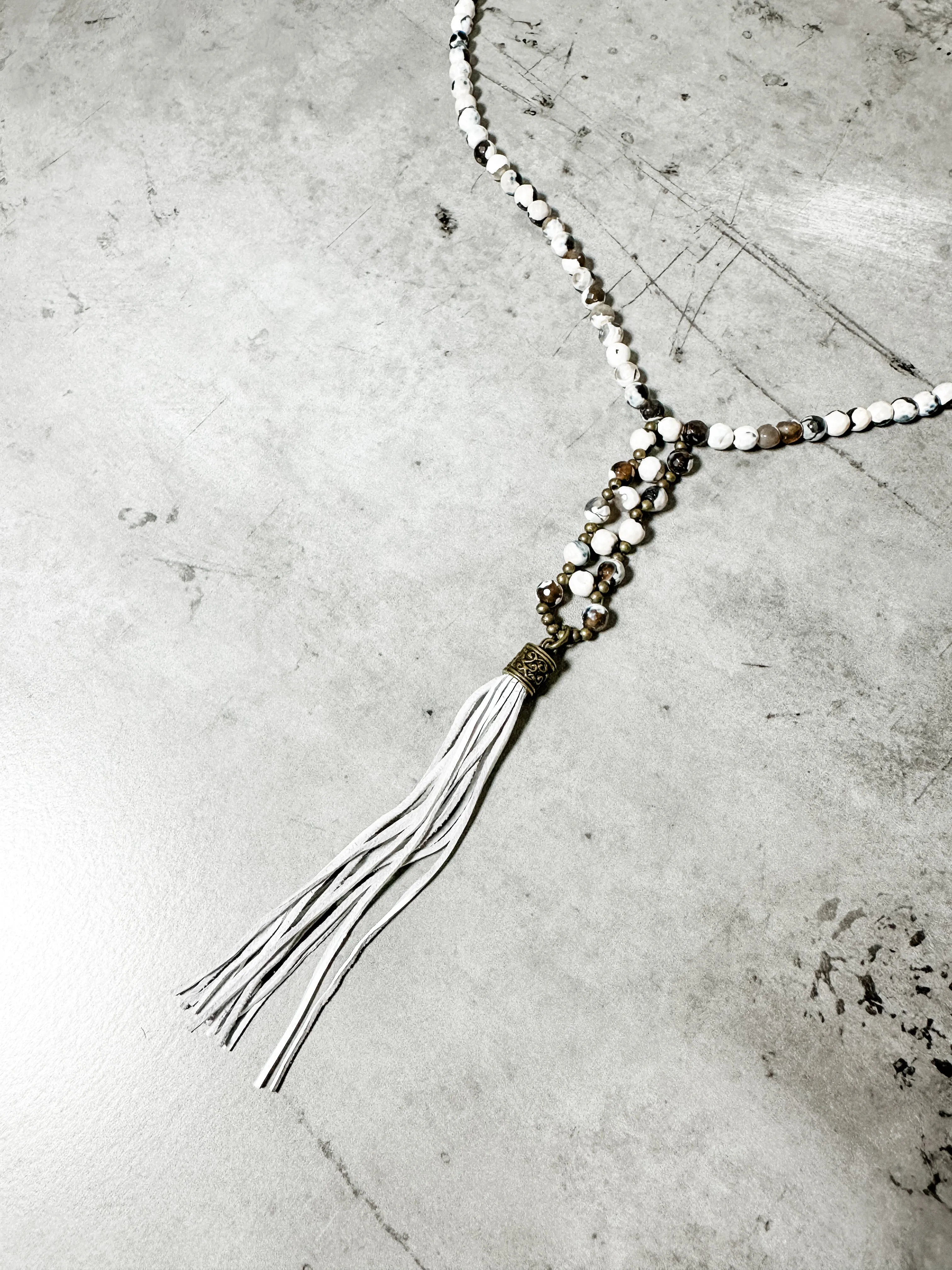 Howlite Weave Necklace with Leather Tassel- Amy Kaplan for Bourbon Cowgirl