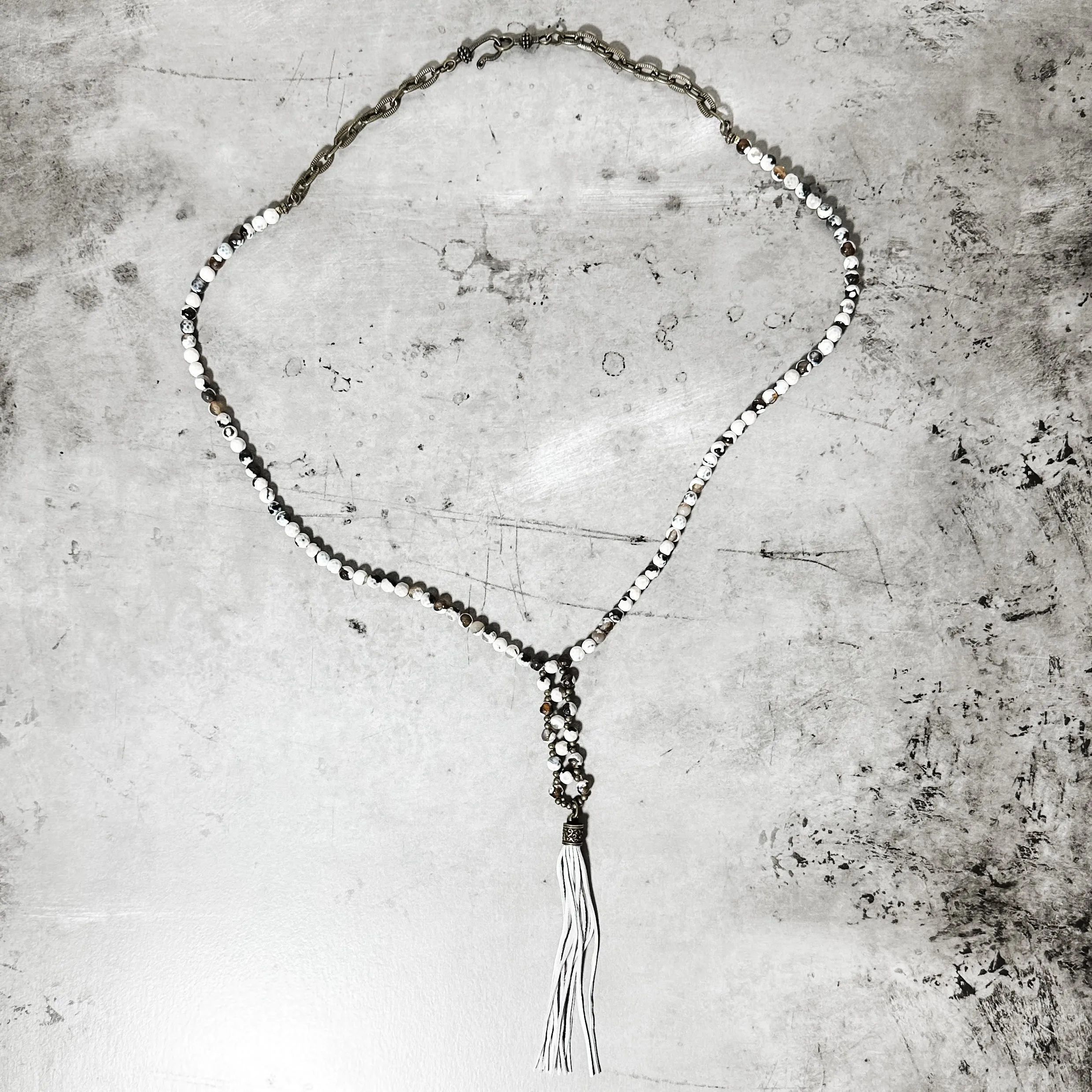 Howlite Weave Necklace with Leather Tassel- Amy Kaplan for Bourbon Cowgirl