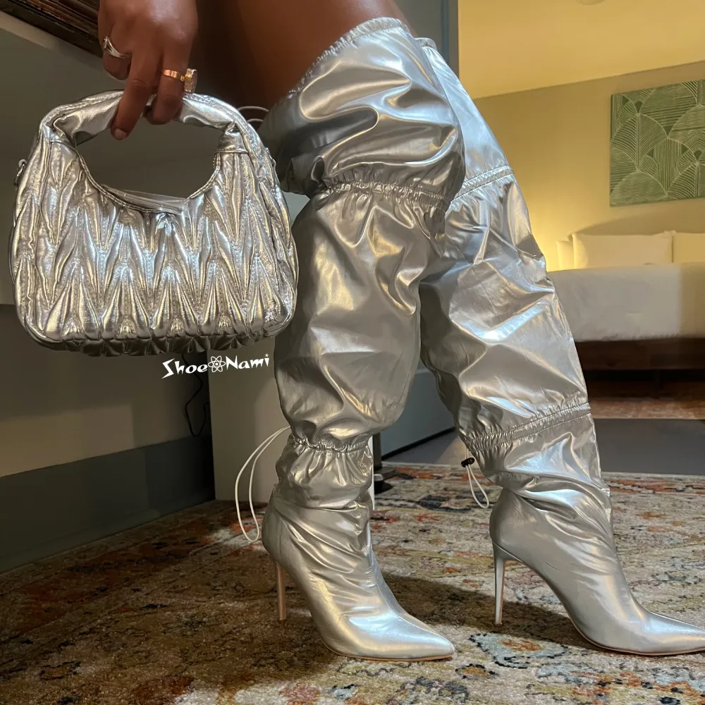 JOGGING/2024 Silver Metallic Over the Knee Thigh High Drawstring Boot