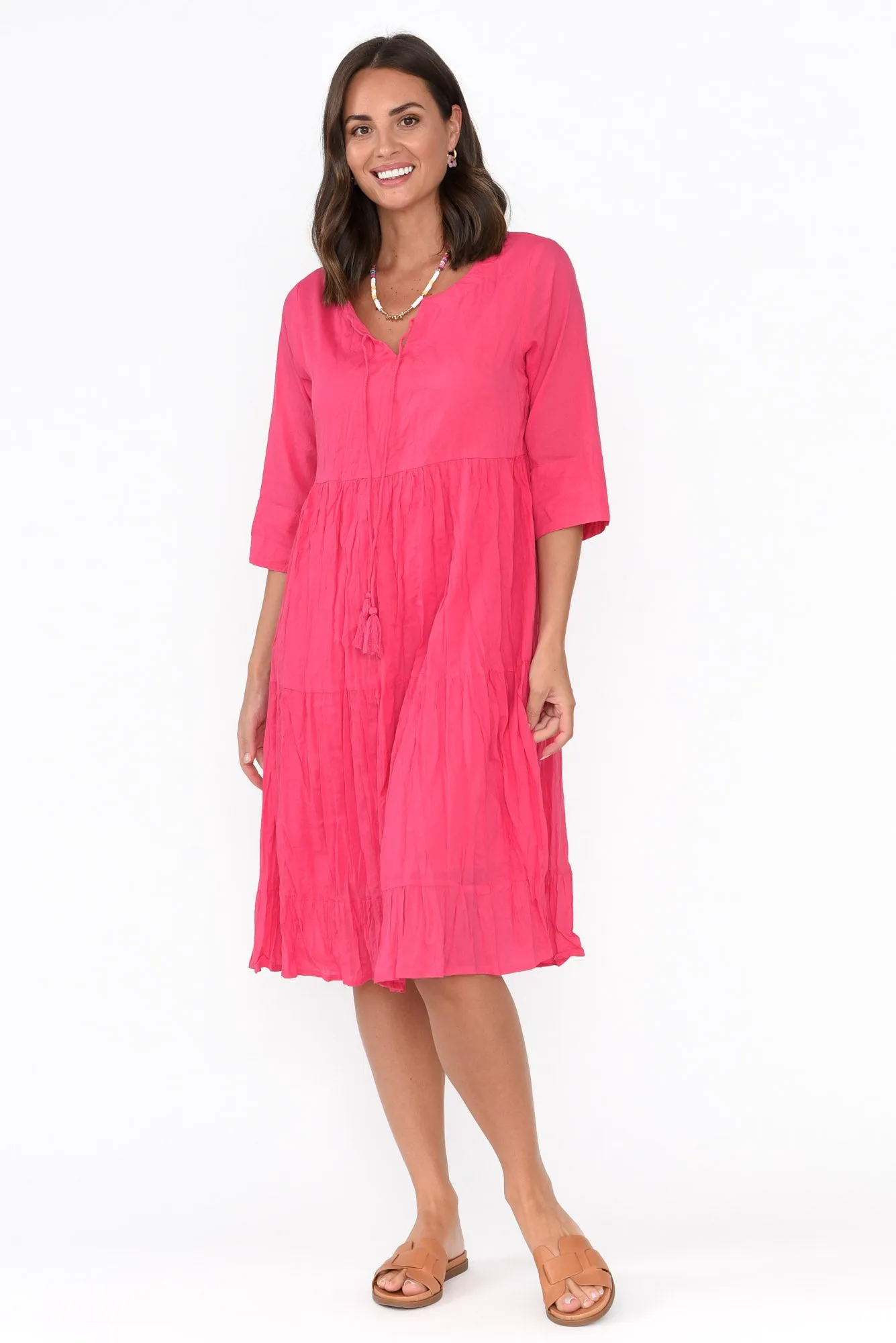 Milana Hot Pink Crinkle Cotton Dress