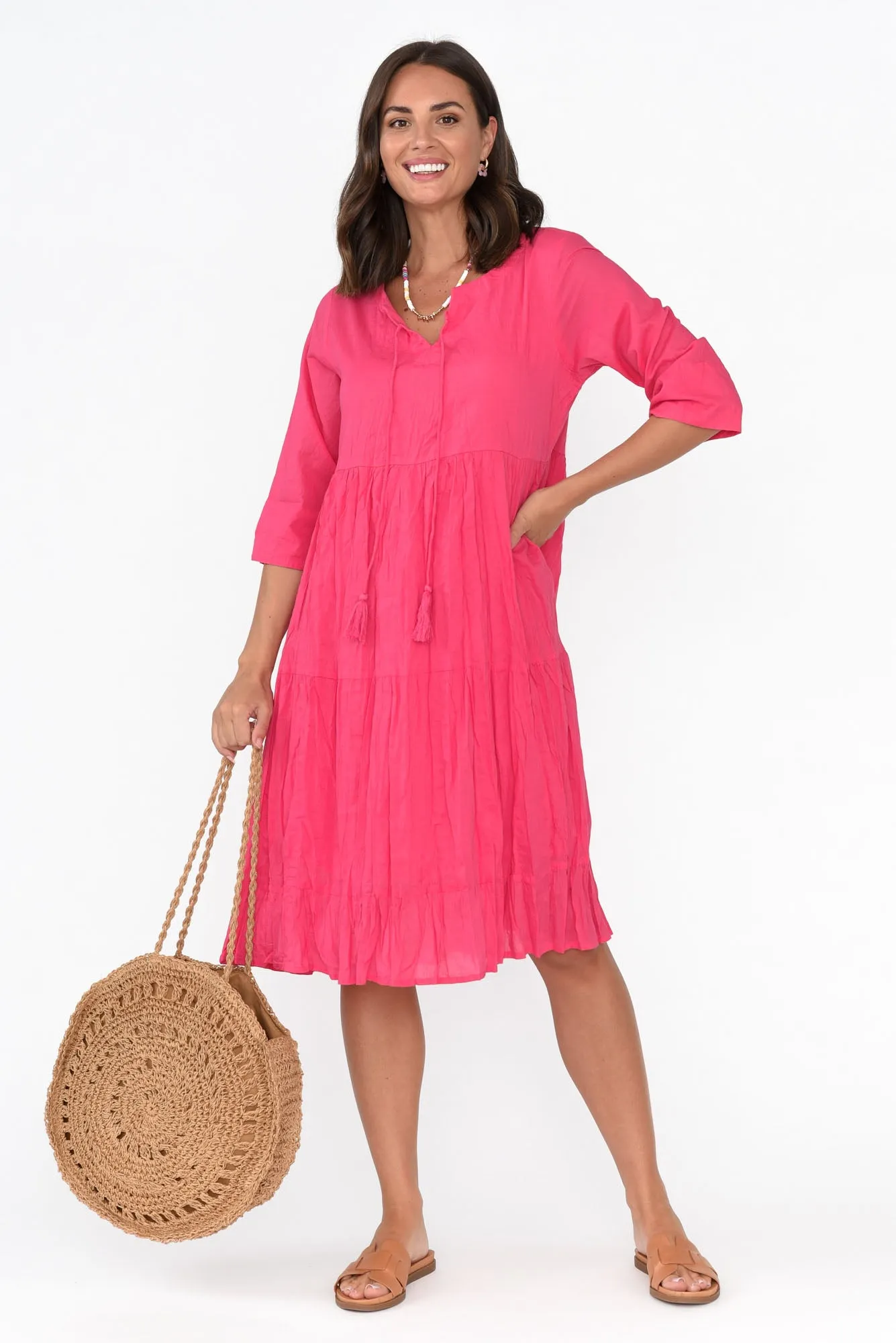 Milana Hot Pink Crinkle Cotton Dress