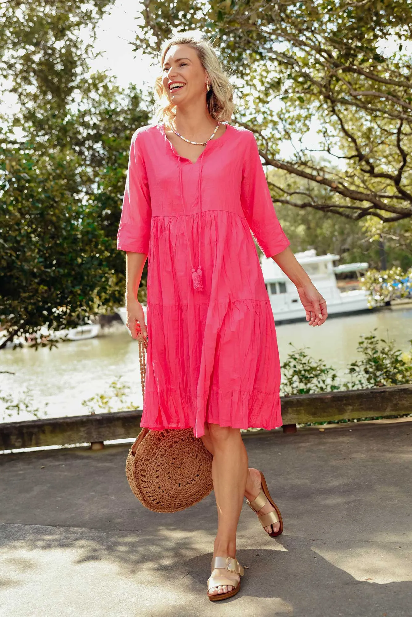 Milana Hot Pink Crinkle Cotton Dress