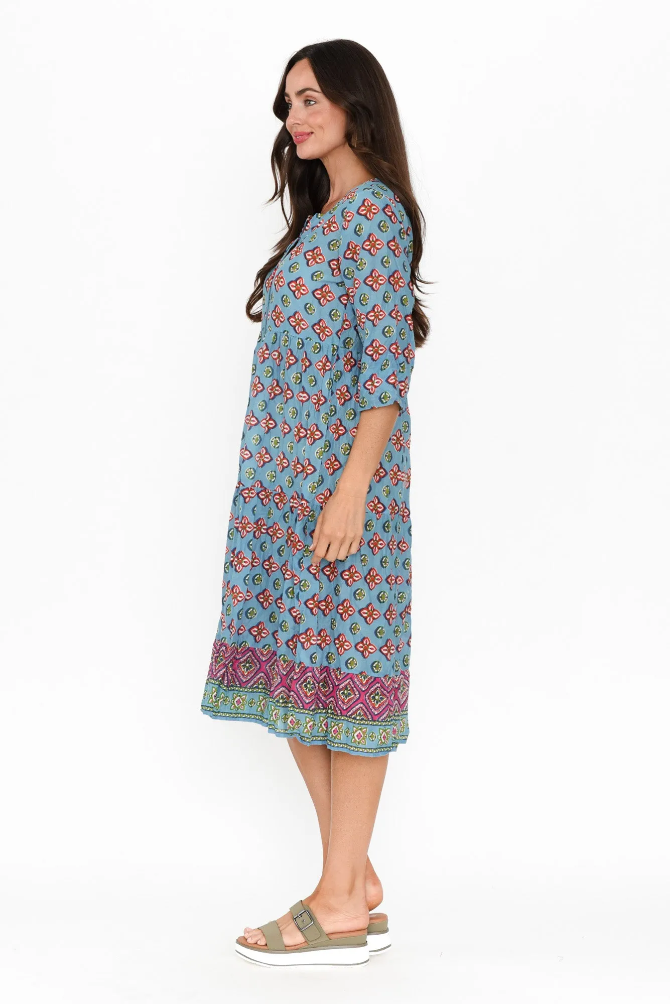 Milana Sky Blue Mosaic Crinkle Cotton Dress