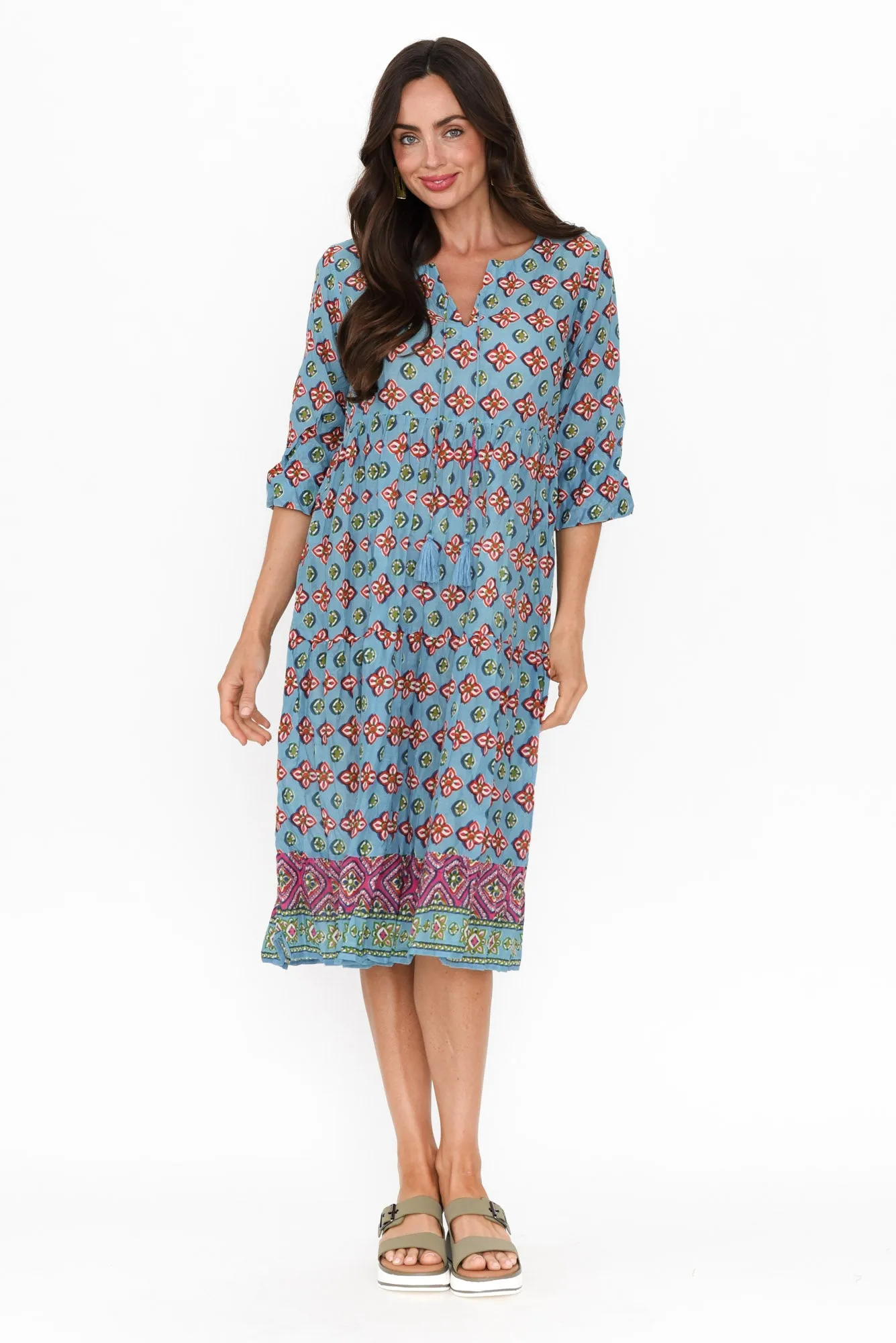 Milana Sky Blue Mosaic Crinkle Cotton Dress