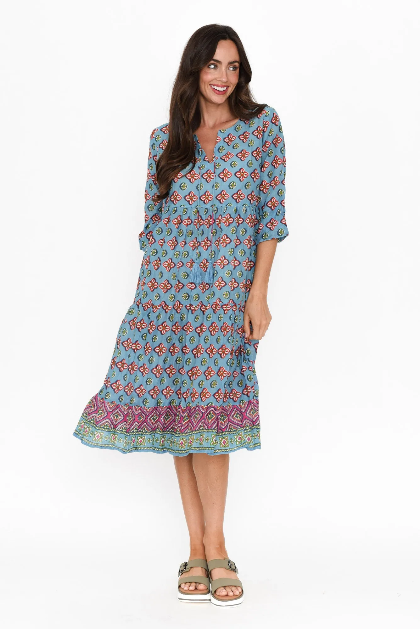 Milana Sky Blue Mosaic Crinkle Cotton Dress