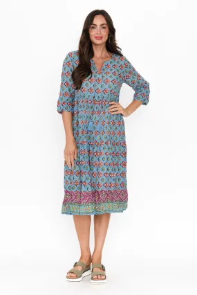 Milana Sky Blue Mosaic Crinkle Cotton Dress