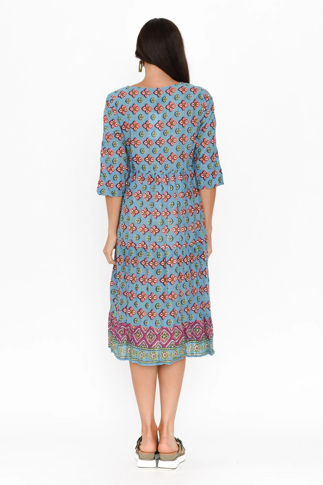 Milana Sky Blue Mosaic Crinkle Cotton Dress