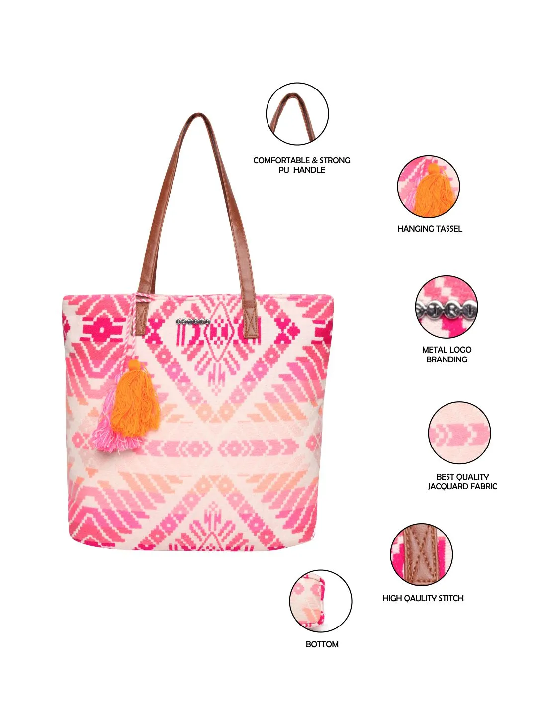 Pink Jacquard Shopper Bag With Tassel