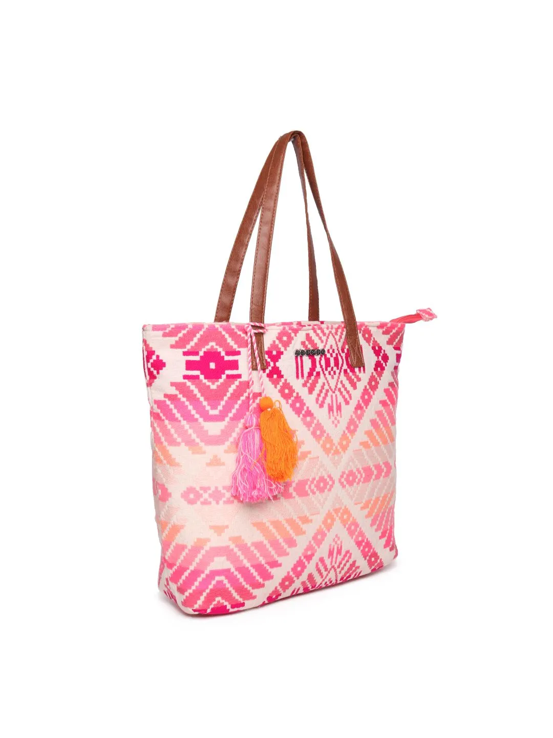 Pink Jacquard Shopper Bag With Tassel