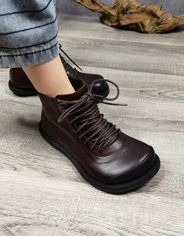 Retro Leather Lace-up Wide Toe Box Ankle Boots