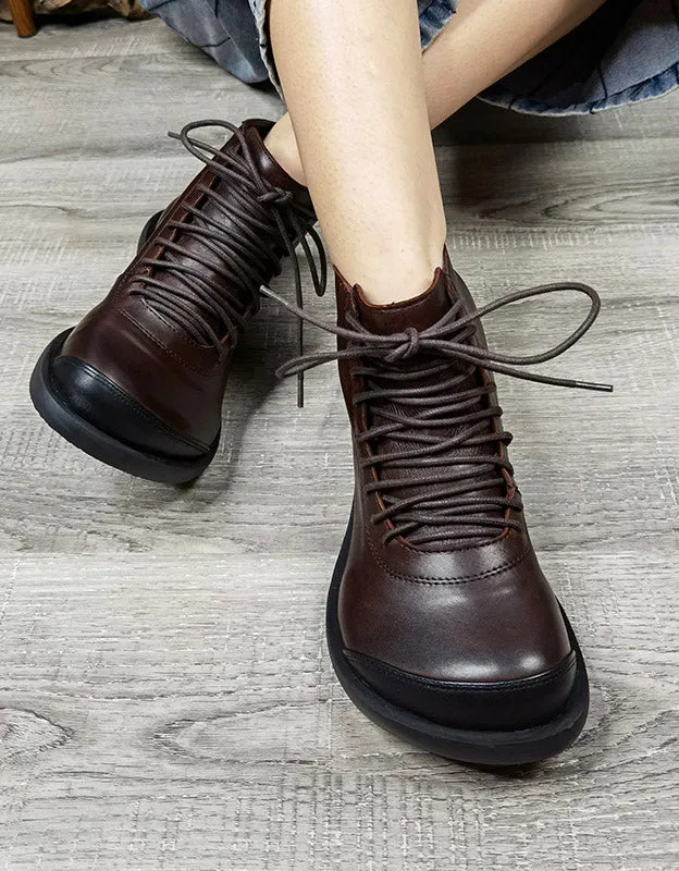 Retro Leather Lace-up Wide Toe Box Ankle Boots