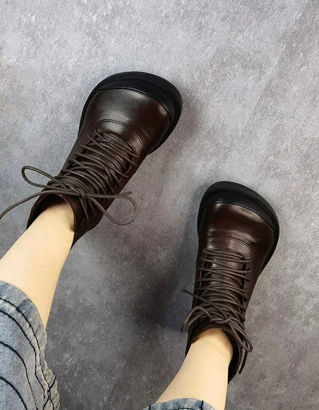 Retro Leather Lace-up Wide Toe Box Ankle Boots