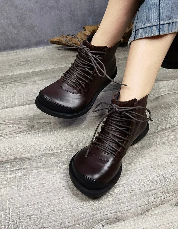 Retro Leather Lace-up Wide Toe Box Ankle Boots