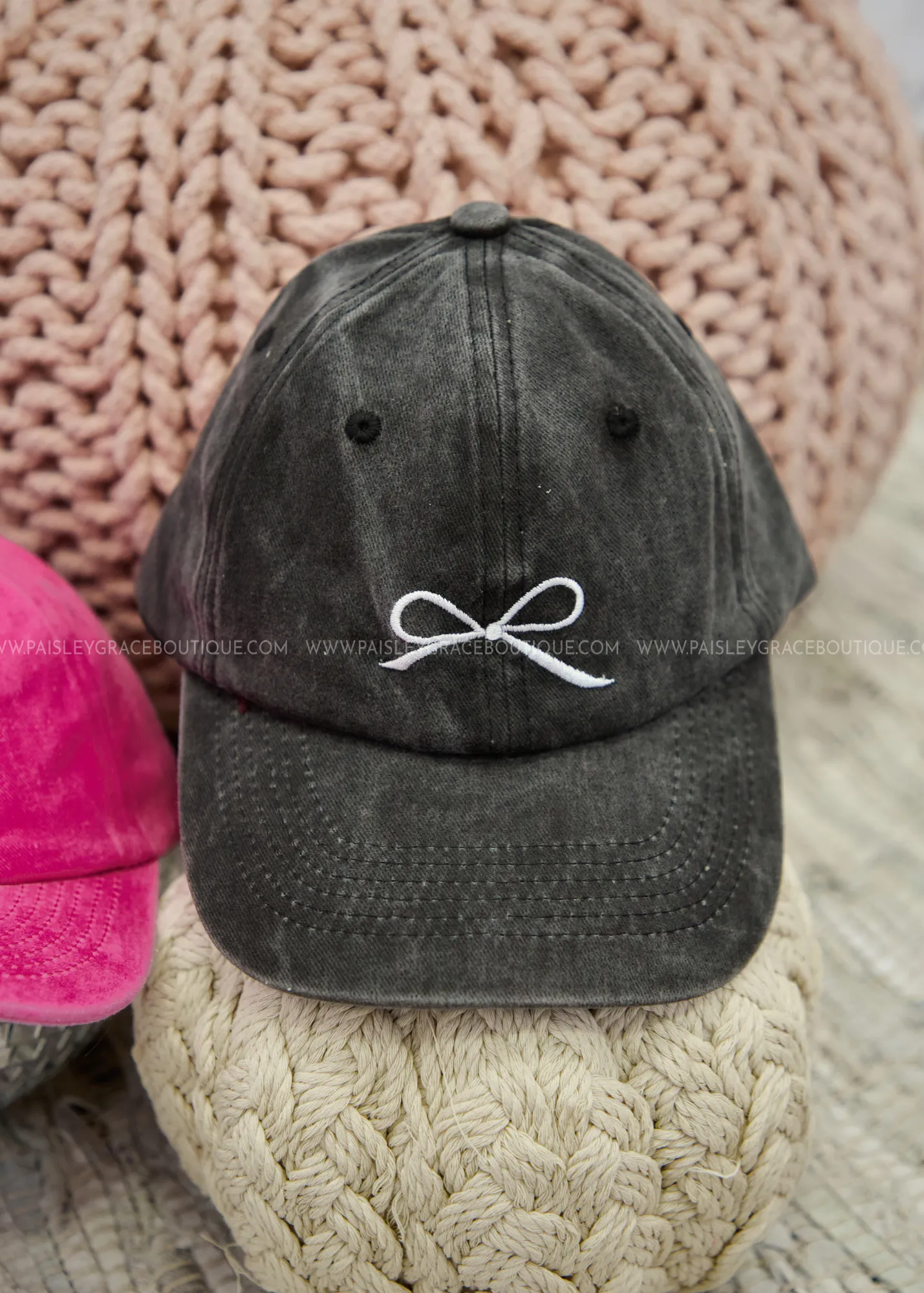 Ribbon Bow Embroidery Washed Hat - 2 Colors