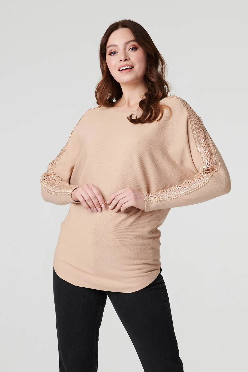 Sequin and Lace Sleeve Knit Pullover