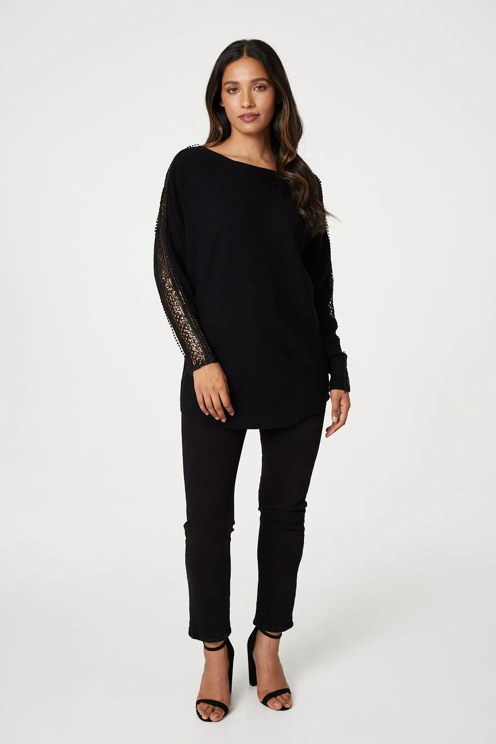 Sequin and Lace Sleeve Knit Pullover