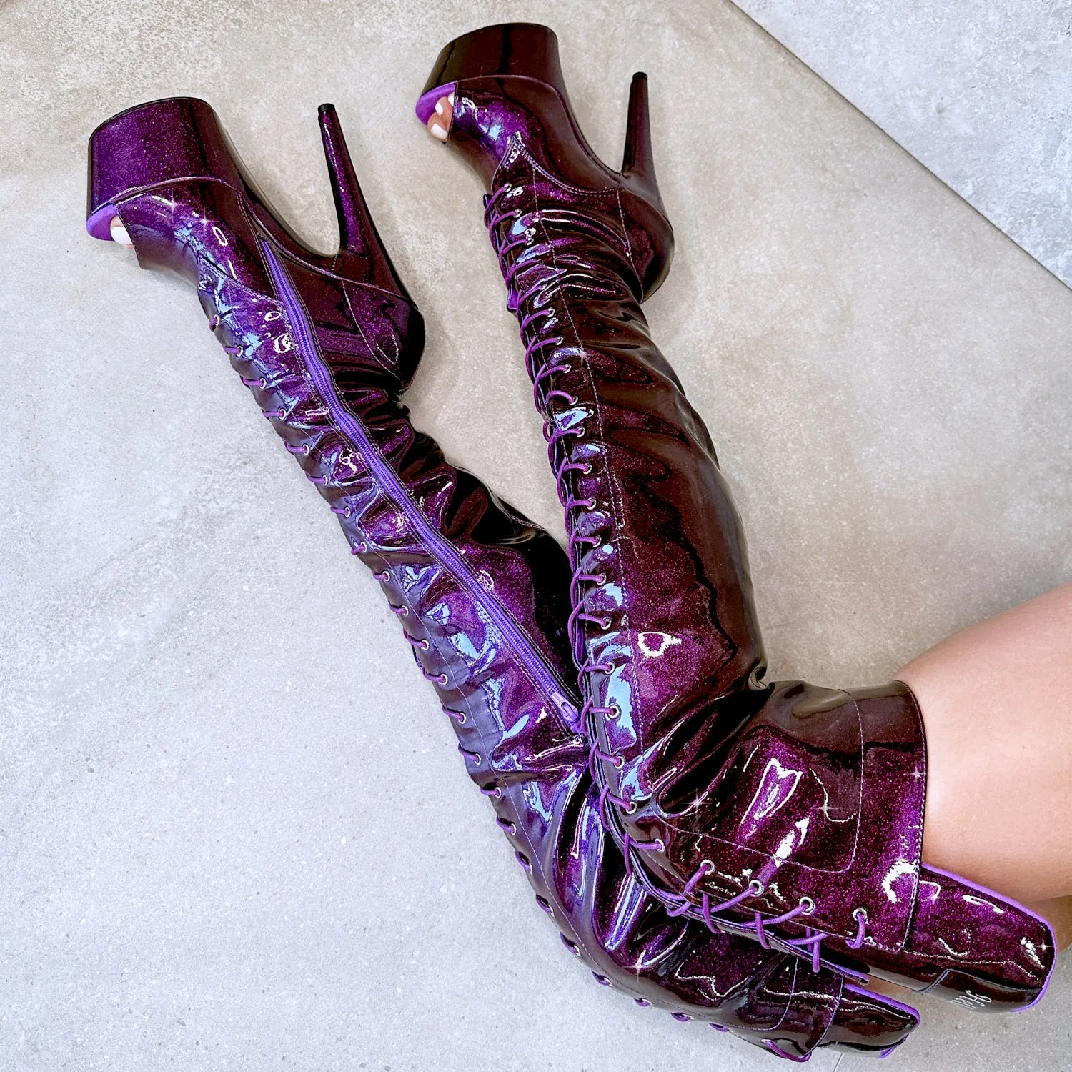 The Glitterati Thigh High Open Toe - Purple Rain - 7IN