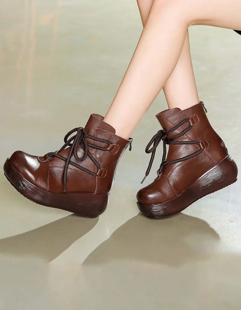 Winter Autumn Front Lace-up Retro Wedge Boots