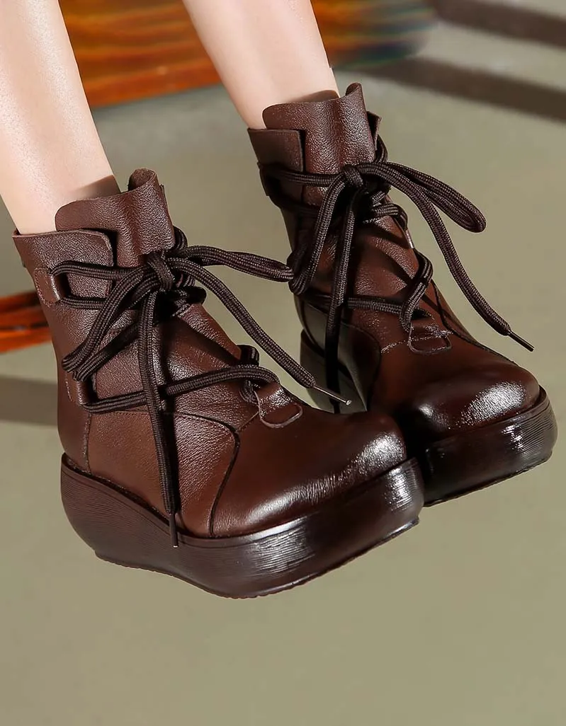 Winter Autumn Front Lace-up Retro Wedge Boots