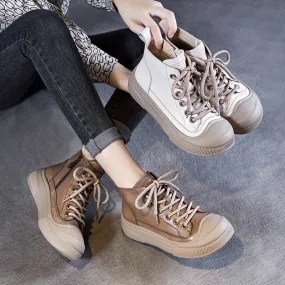 Women Fashion Solid Leather Lace-up Ankle Boots