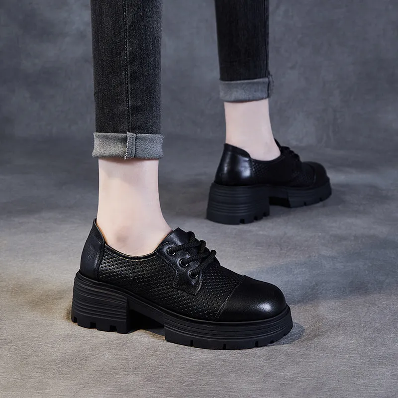 Women Lace-up Hollow Leather Chunky Sole Loafers