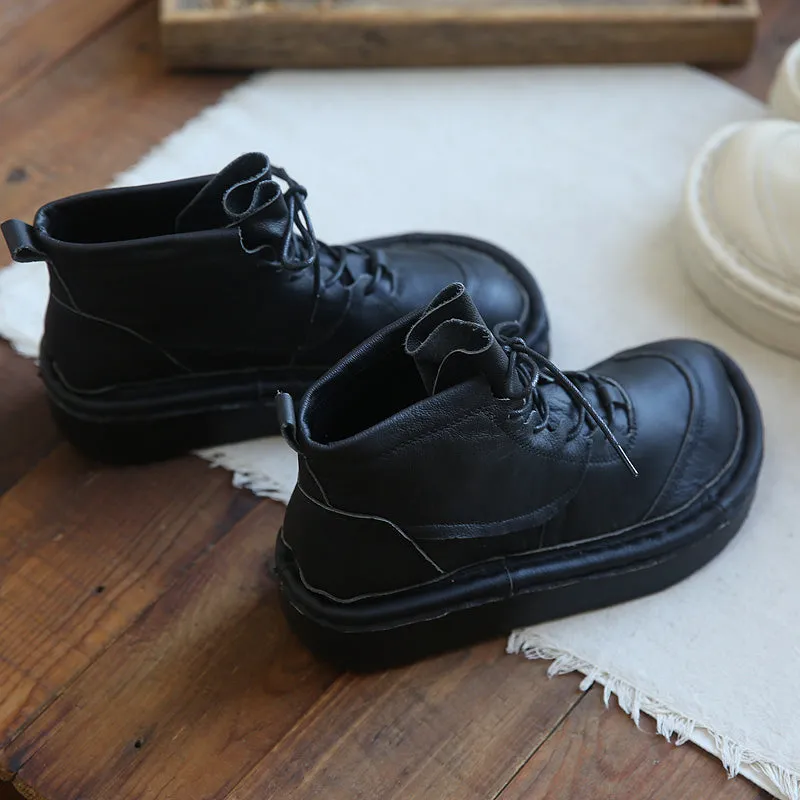 Women Leather Round Head Platform Casual Boots